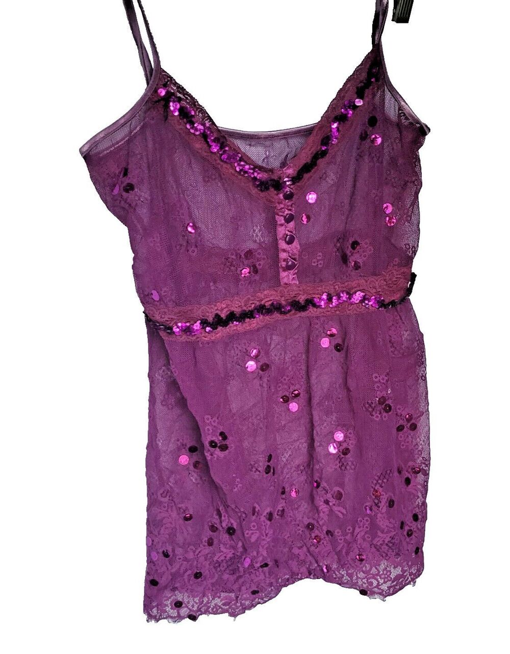 Purple Mesh Lace Teddy Dress Sequin M Sheer Cami